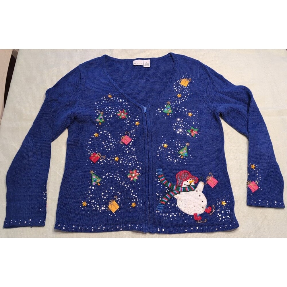 Kim Rogers Royal Blue Women's Size Large Beaded Christmas Sweater Snowman Gifts